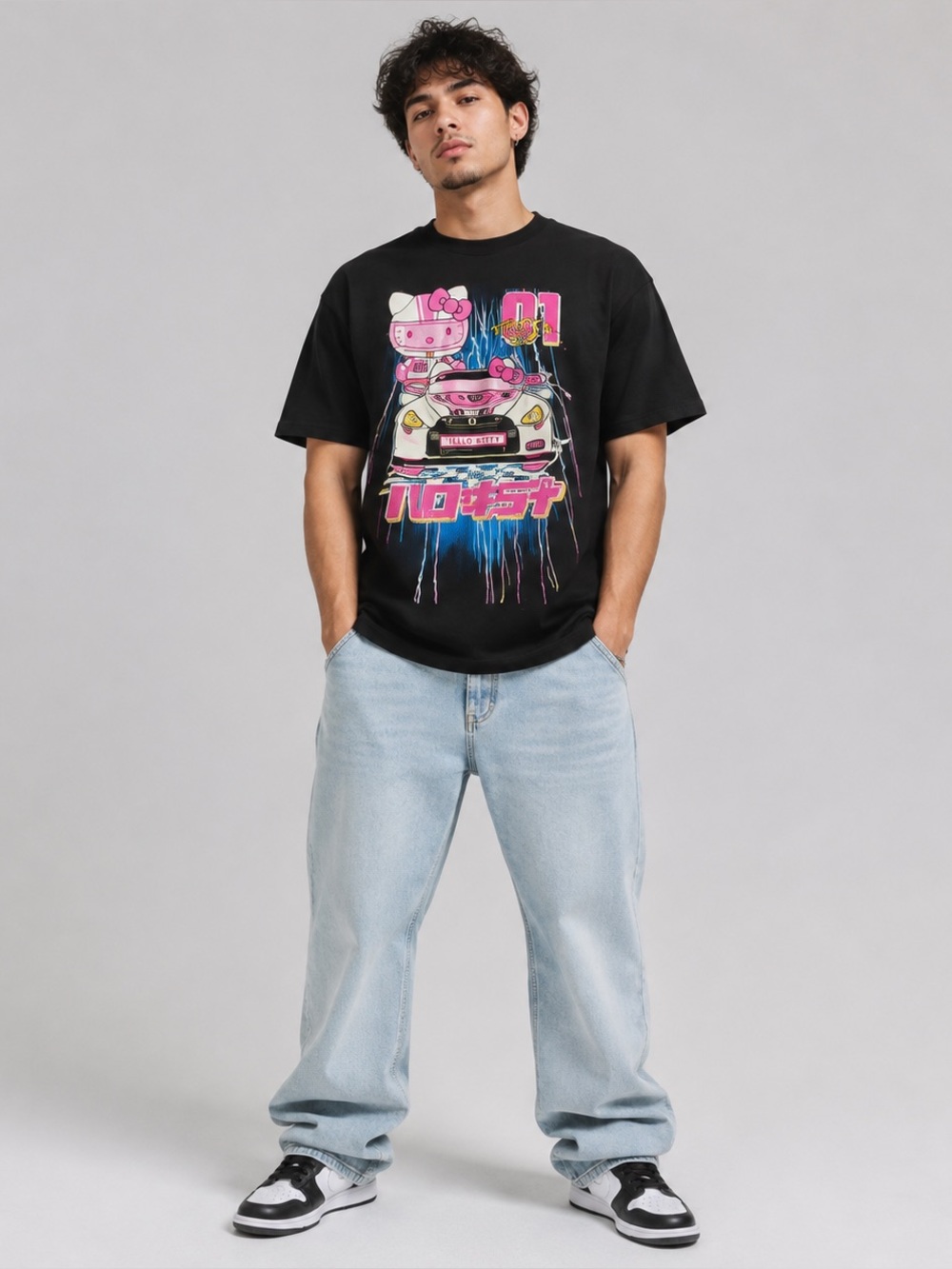 Sanrio Hello Kitty Men’s Medium Black Racing Car Graphic T-Shirt Y2K